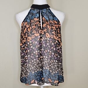 BCBGeneration Sheer Floral Halter Sleeveless Top - Black, Multi-Color Sz Medium